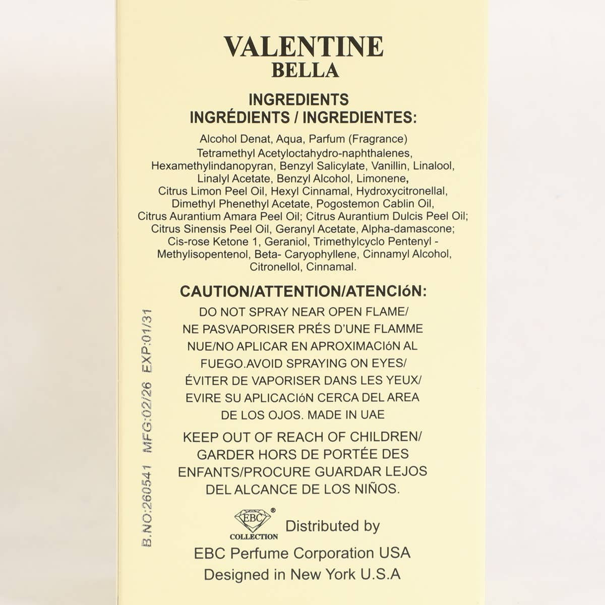 Valentin Bella EDP — box back, EBC Collection
