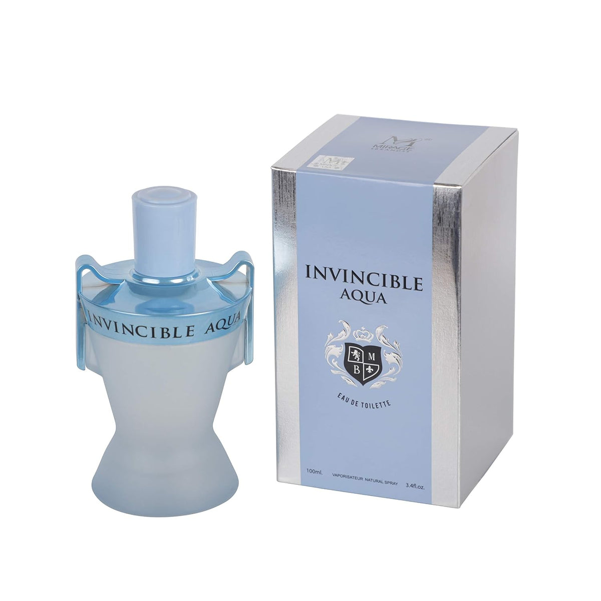 Invincible Aqua by MCH Beauty, 100ml EDT — frosted blue bottle beside its gift box