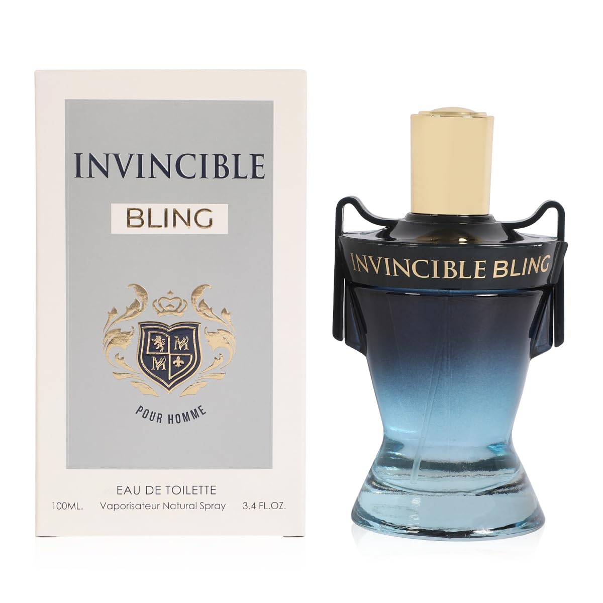 Invincible Bling Pour Homme by MCH Beauty, 100ml EDT — blue ombré bottle with gold cap beside its gift box
