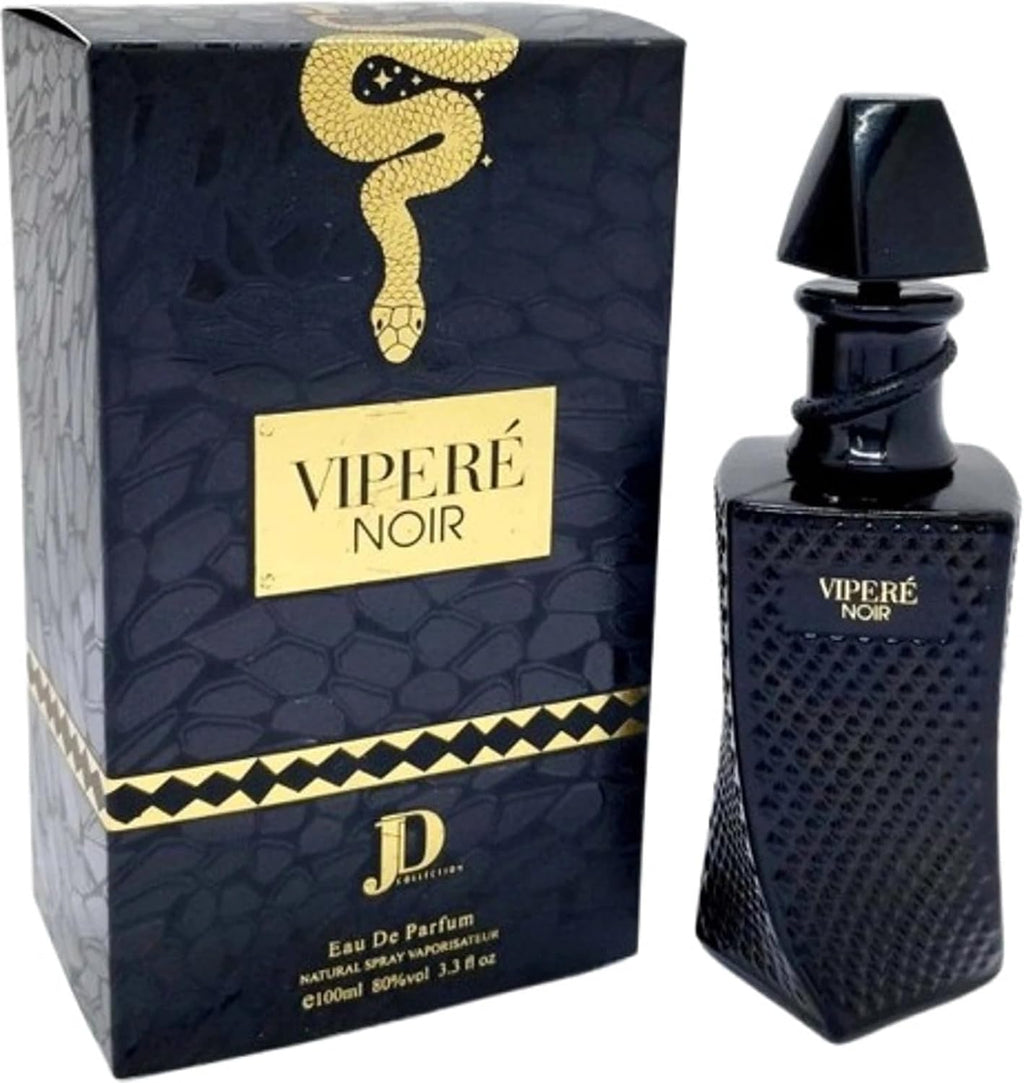 Vipere Noir by JD Collection, 100ml EDP — sculpted black bottle beside its black and gold snake gift box