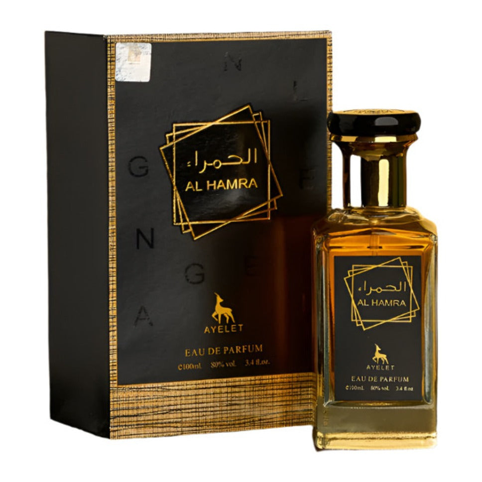 Ayelet Al Hamra Eau de Parfum bottle and black-and-gold box