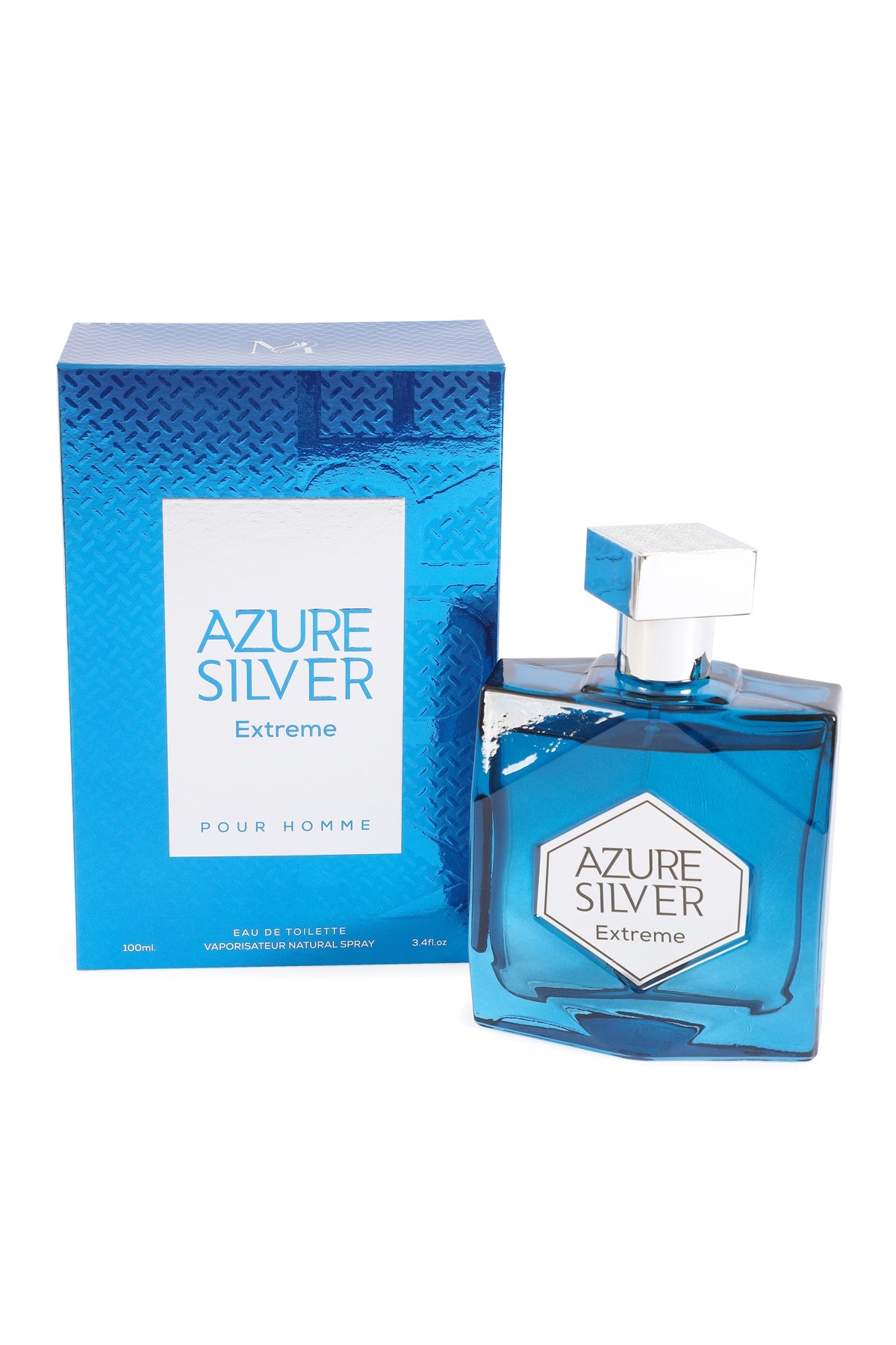 Azure Silver Extreme Pour Homme by MCH Beauty, 100ml EDT — blue faceted bottle with silver cap beside its blue Azure Silver Extreme gift box