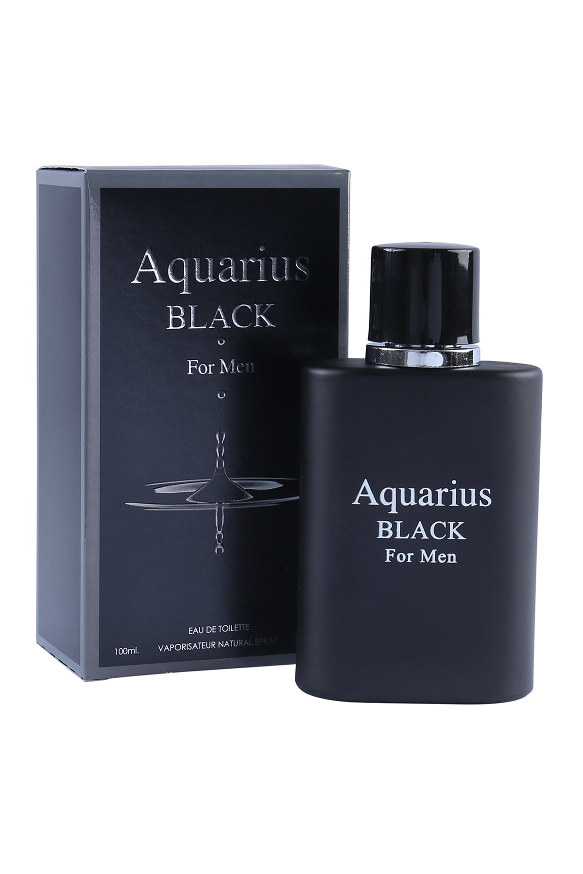 Aquarius Black for Men by MCH Beauty, 100ml EDT — matte-black bottle beside its black gift box