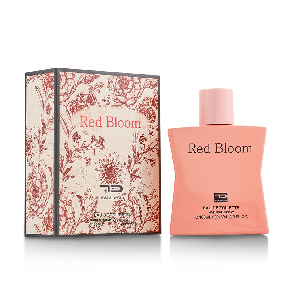 Red Bloom by Tom and Darin, 100ml — peach bottle with cream-and-red floral box