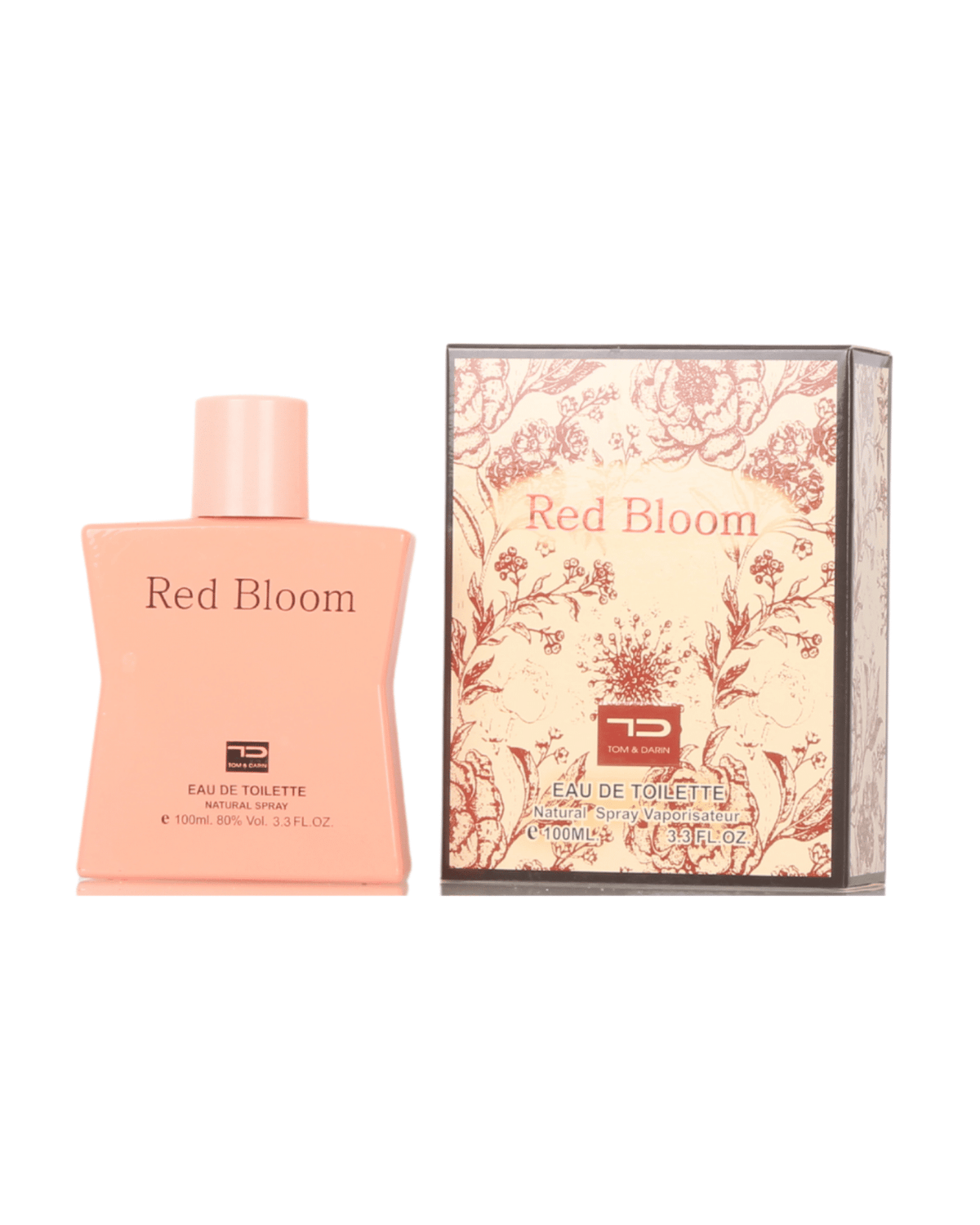 Red Bloom by Tom and Darin, 100ml — peach bottle beside its floral gift box