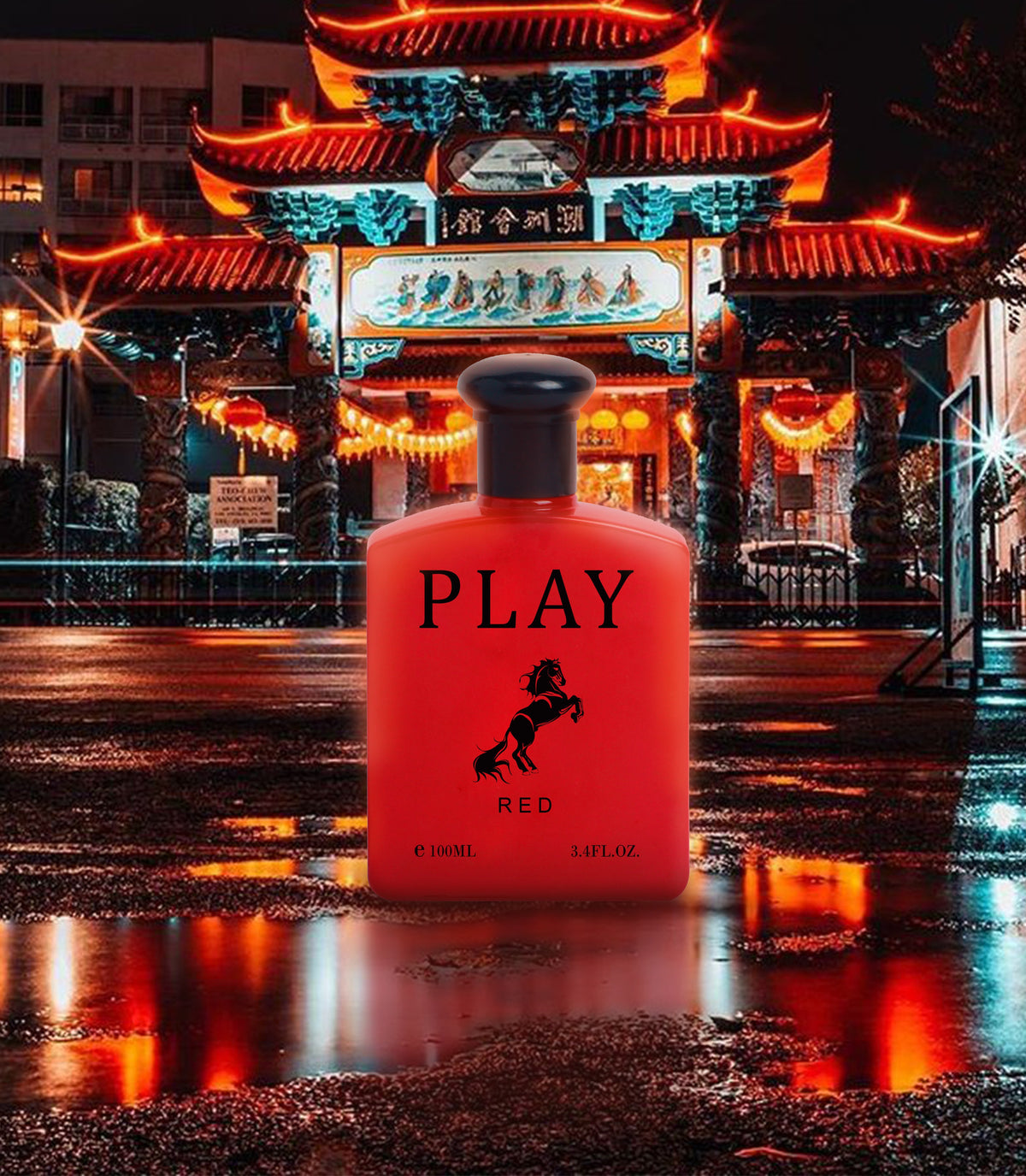 Play Red by EBC Collection, 100ml EDT — red bottle on a rain-soaked street at night