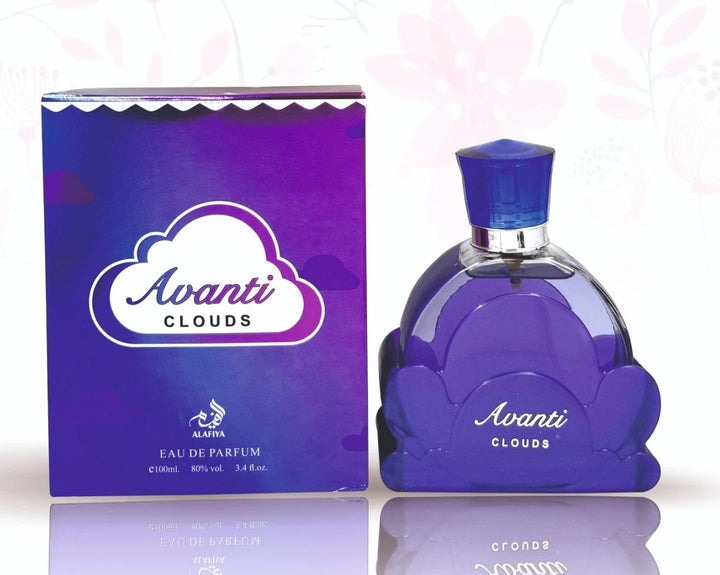 Avanti Clouds by Alafiya, 100ml EDP — violet cloud-shaped bottle beside its purple gift box
