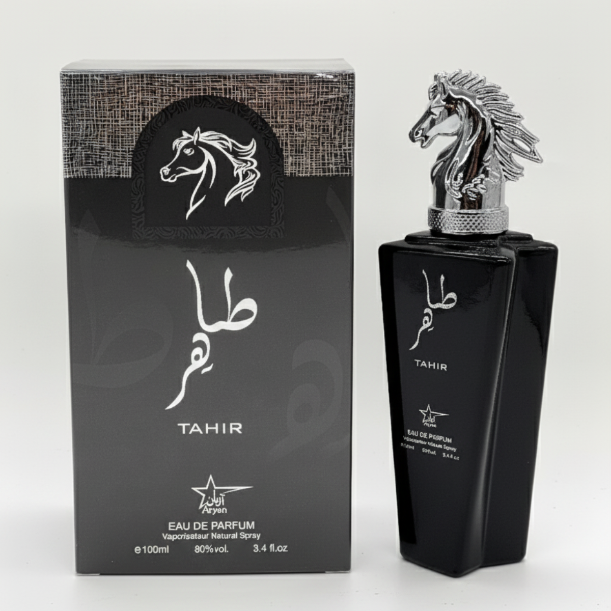 Tahir by Aryan, 100ml EDP — black bottle with silver horse-head cap beside its gift box