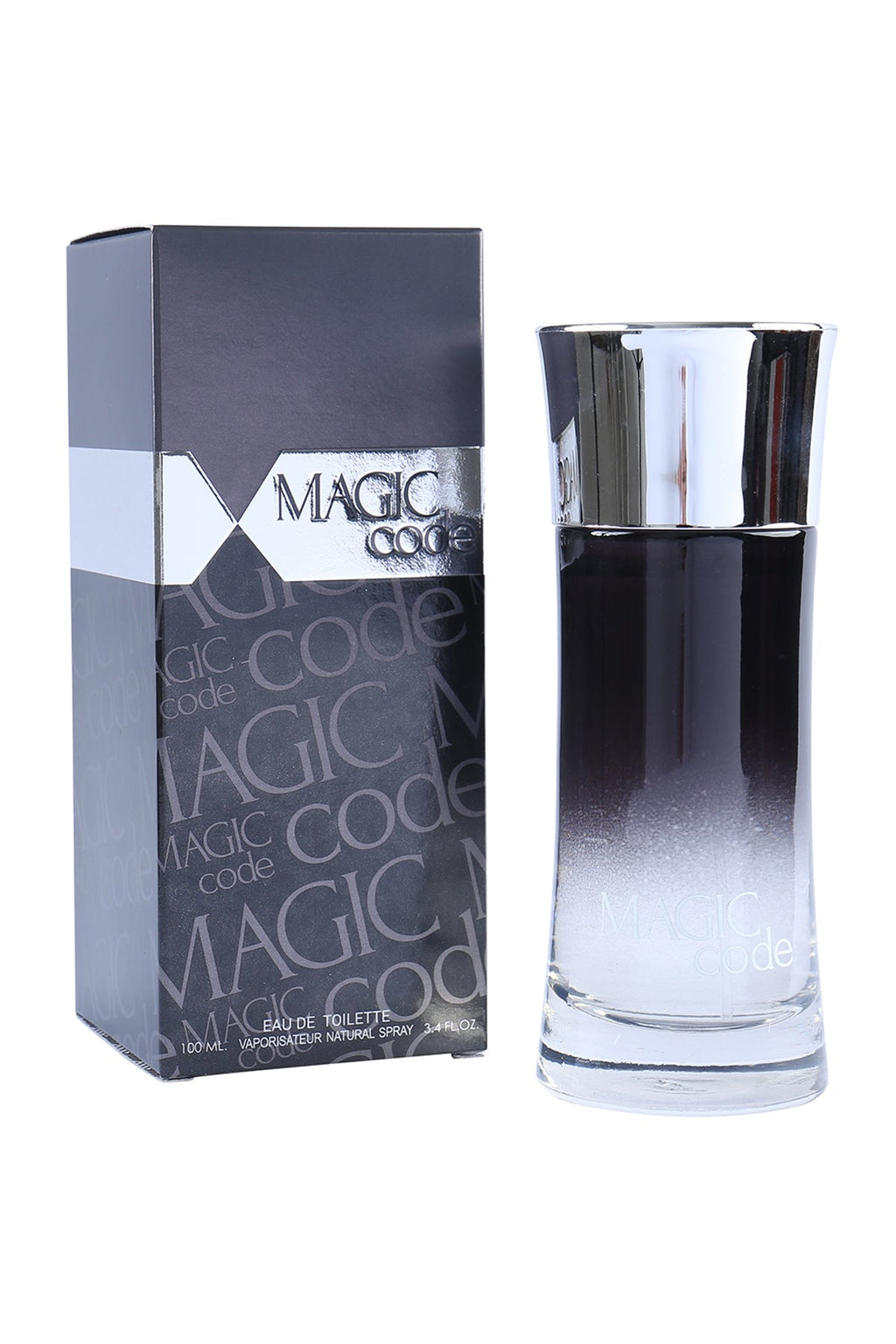 Magic Code by MCH Beauty, 100ml EDT — black-to-clear gradient bottle beside its grey Magic Code gift box