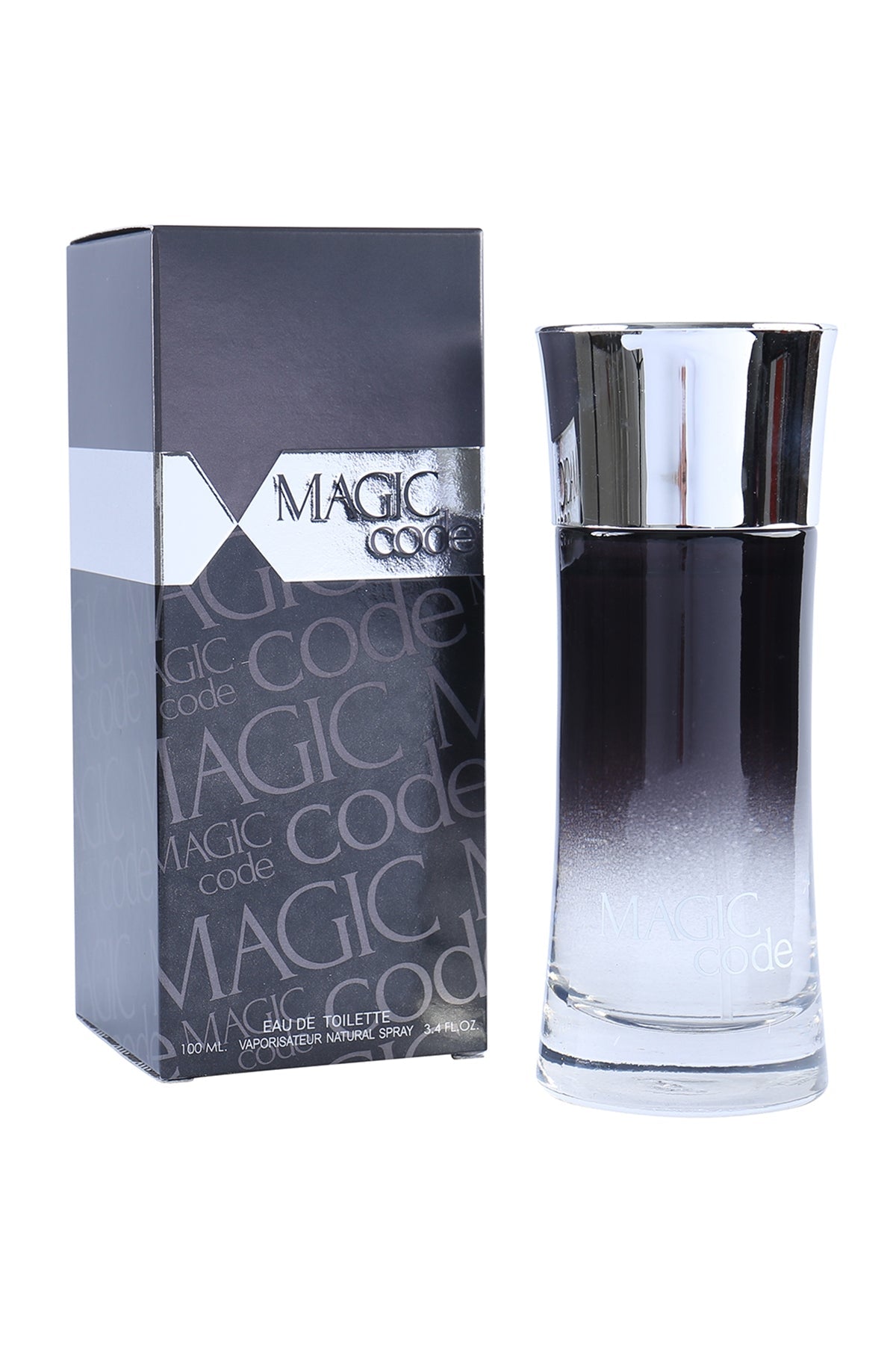 Magic Code by MCH Beauty, 100ml EDT — black-to-clear gradient bottle beside its grey Magic Code gift box