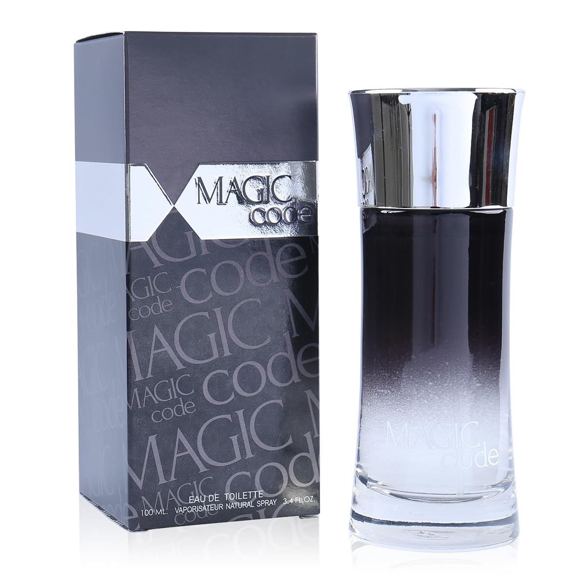 Magic Code by MCH Beauty, 100ml EDT — close view of the gradient bottle with its grey gift box