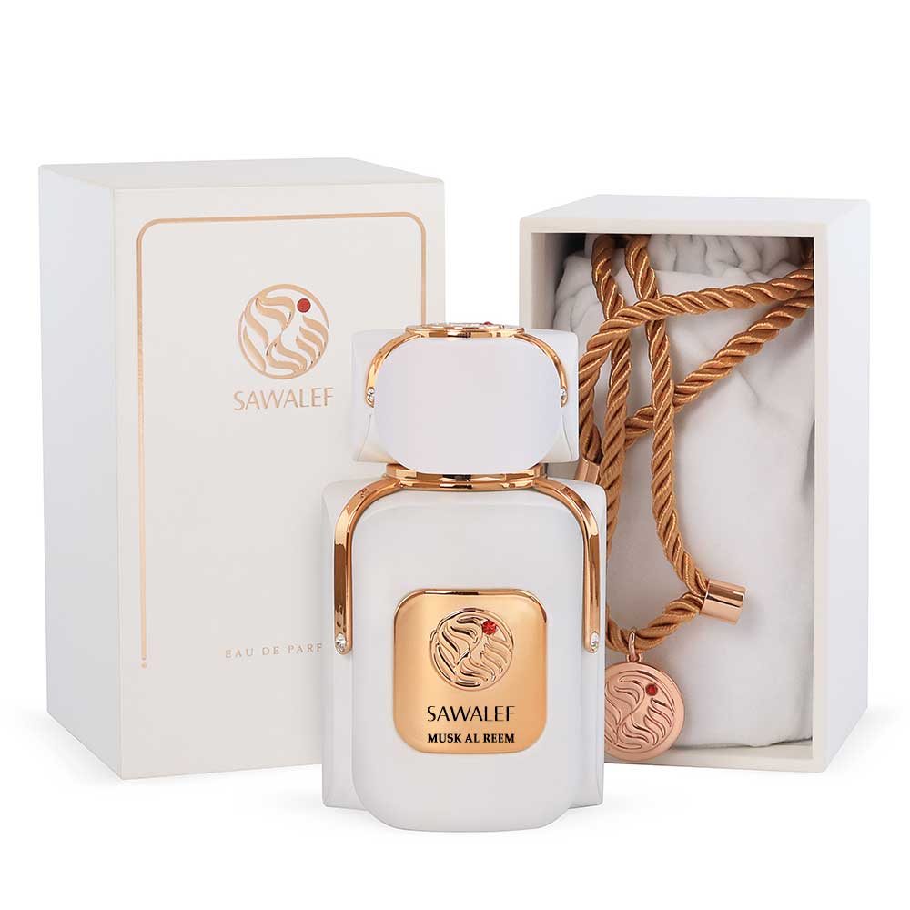 Musk Al Reem by Sawalef 80ml EDP — bottle, box, and gold medallion set (Maison d'Orient)