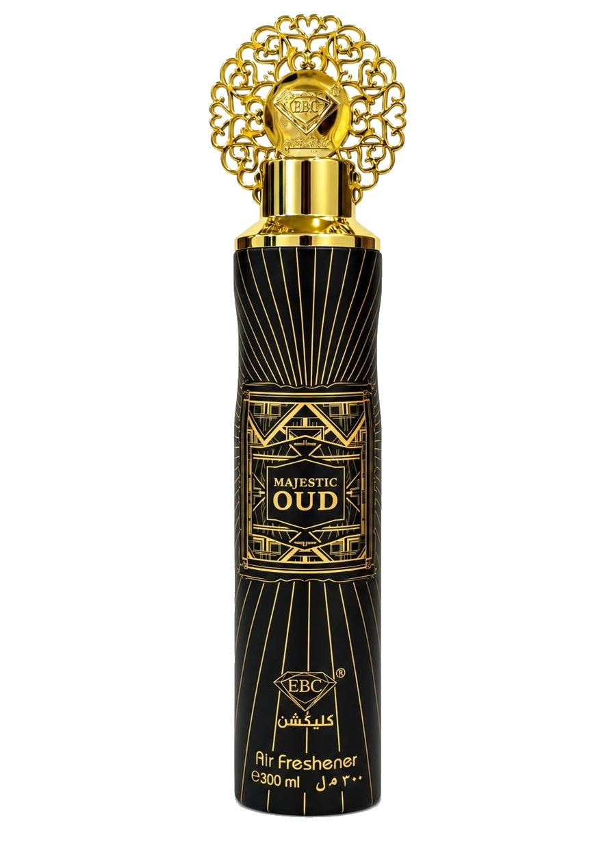 Majestic Oud Air Freshener by EBC Collection, 300ml — black and gold can with ornate gold filigree cap