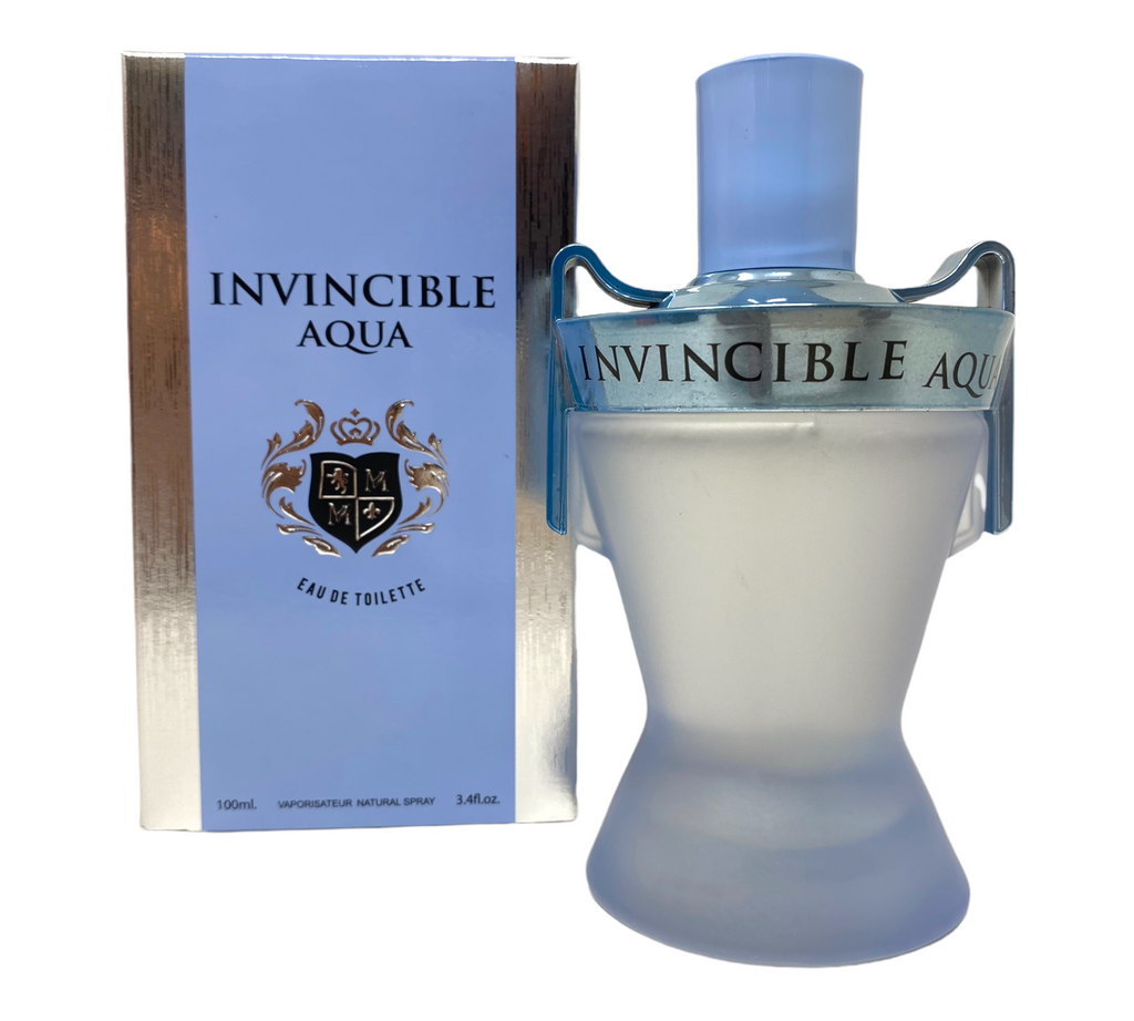 Invincible Aqua by MCH Beauty, 100ml EDT — frosted blue bottle in front of its gift box