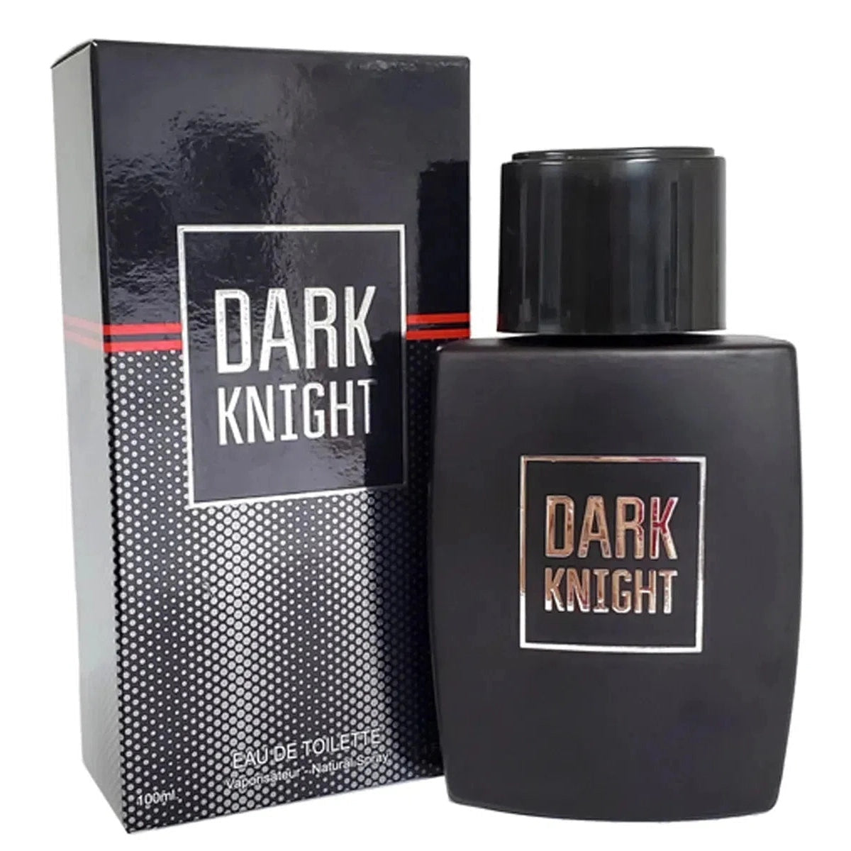 Dark Knight by MCH Beauty, 100ml EDT — matte-black bottle beside its black gift box