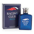 Racing Club Blue by MCH Beauty, 100ml EDT — blue bottle beside its navy Racing Club Blue gift box