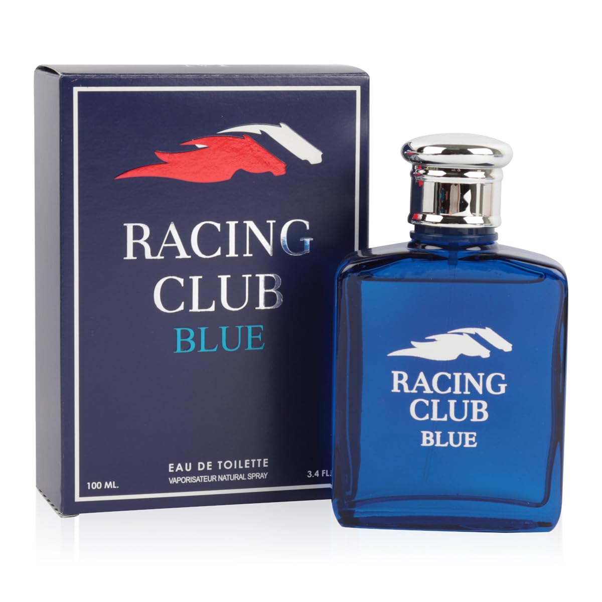 Racing Club Blue by MCH Beauty, 100ml EDT — blue bottle beside its navy Racing Club Blue gift box
