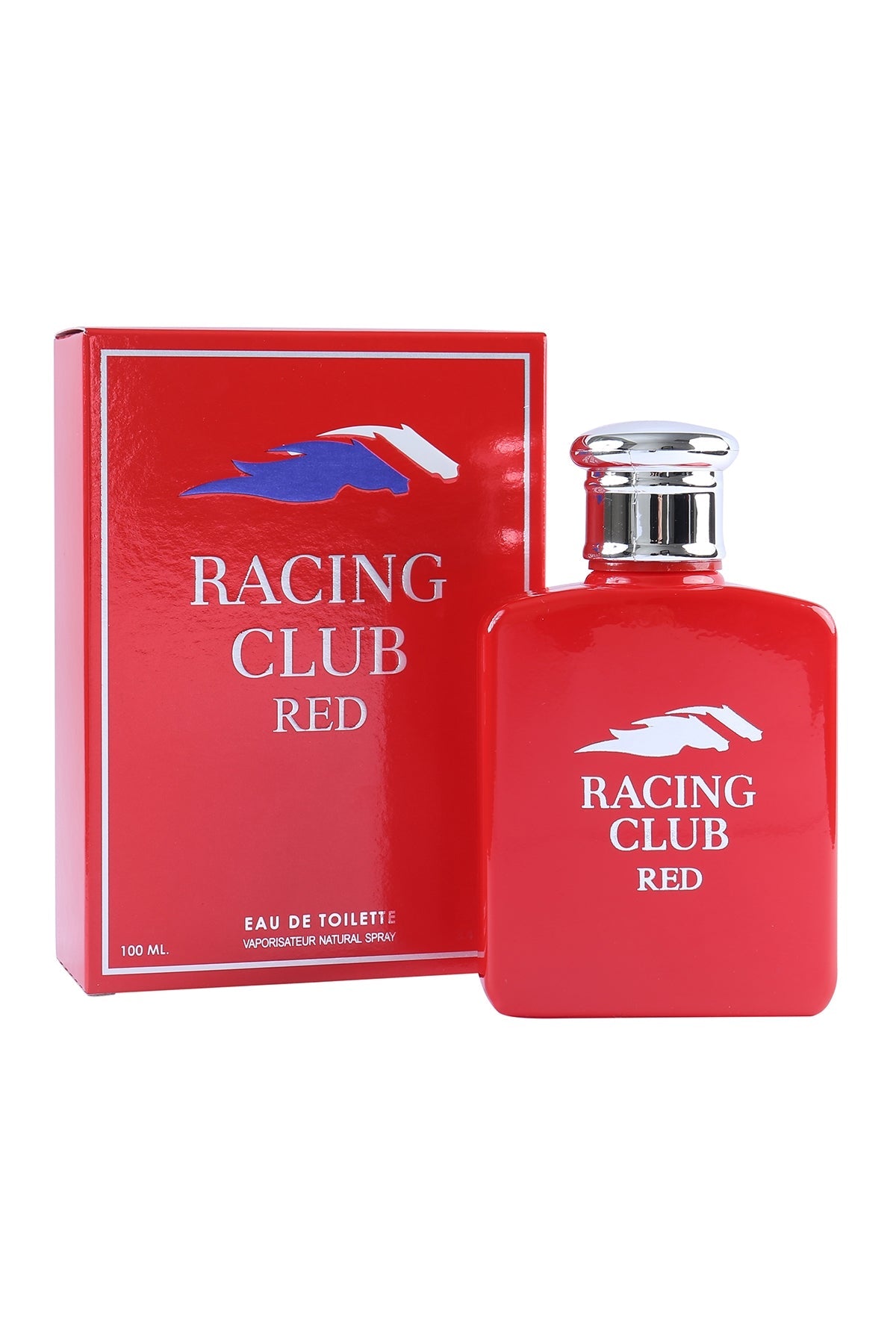 Racing Club Red by MCH Beauty, 100ml EDT — red bottle beside its red Racing Club gift box