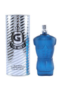 G for Men by MCH Beauty, 100ml EDT — blue torso-shaped bottle beside its silver striped canister