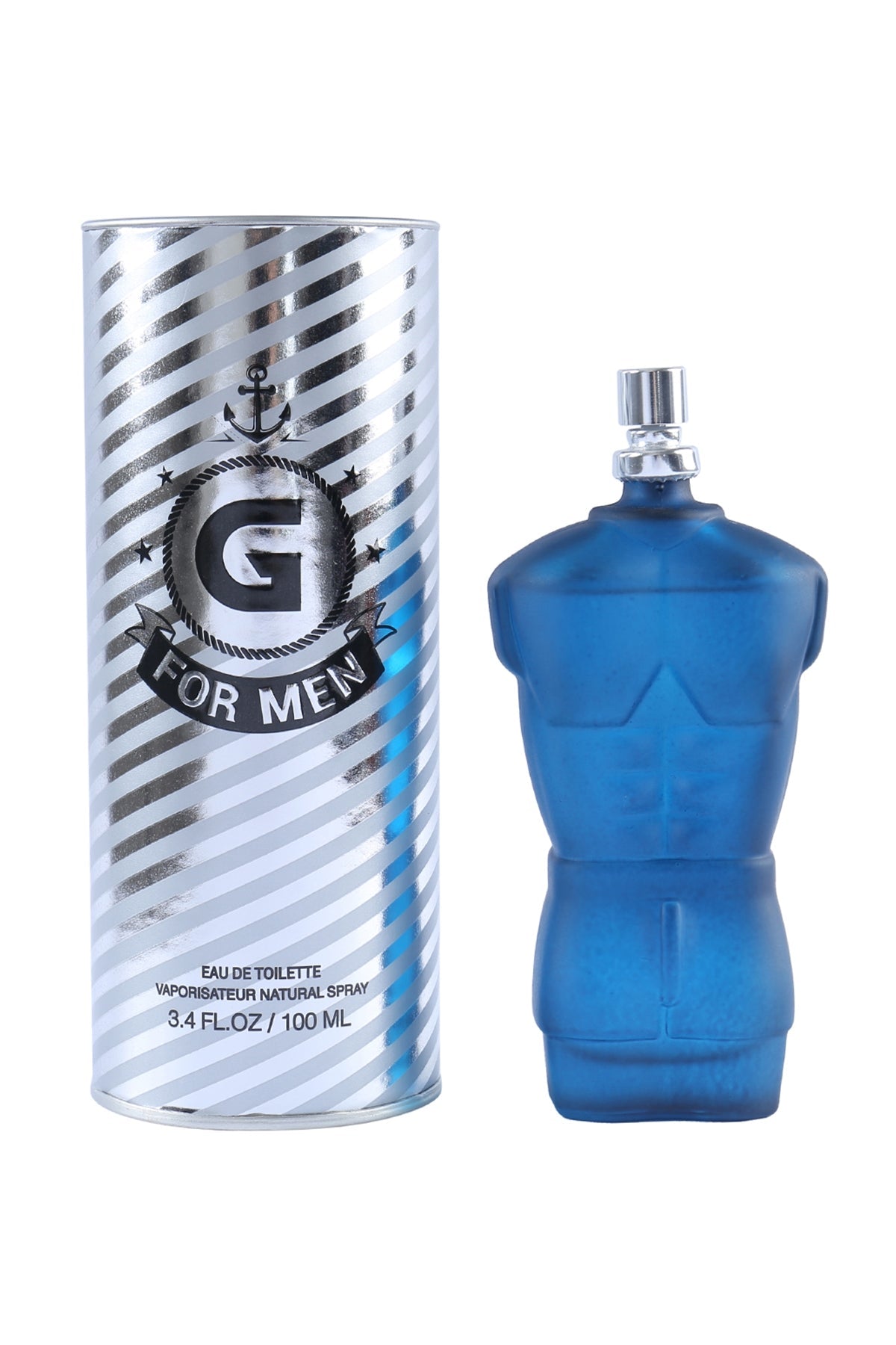 G for Men by MCH Beauty, 100ml EDT — blue torso-shaped bottle beside its silver striped canister