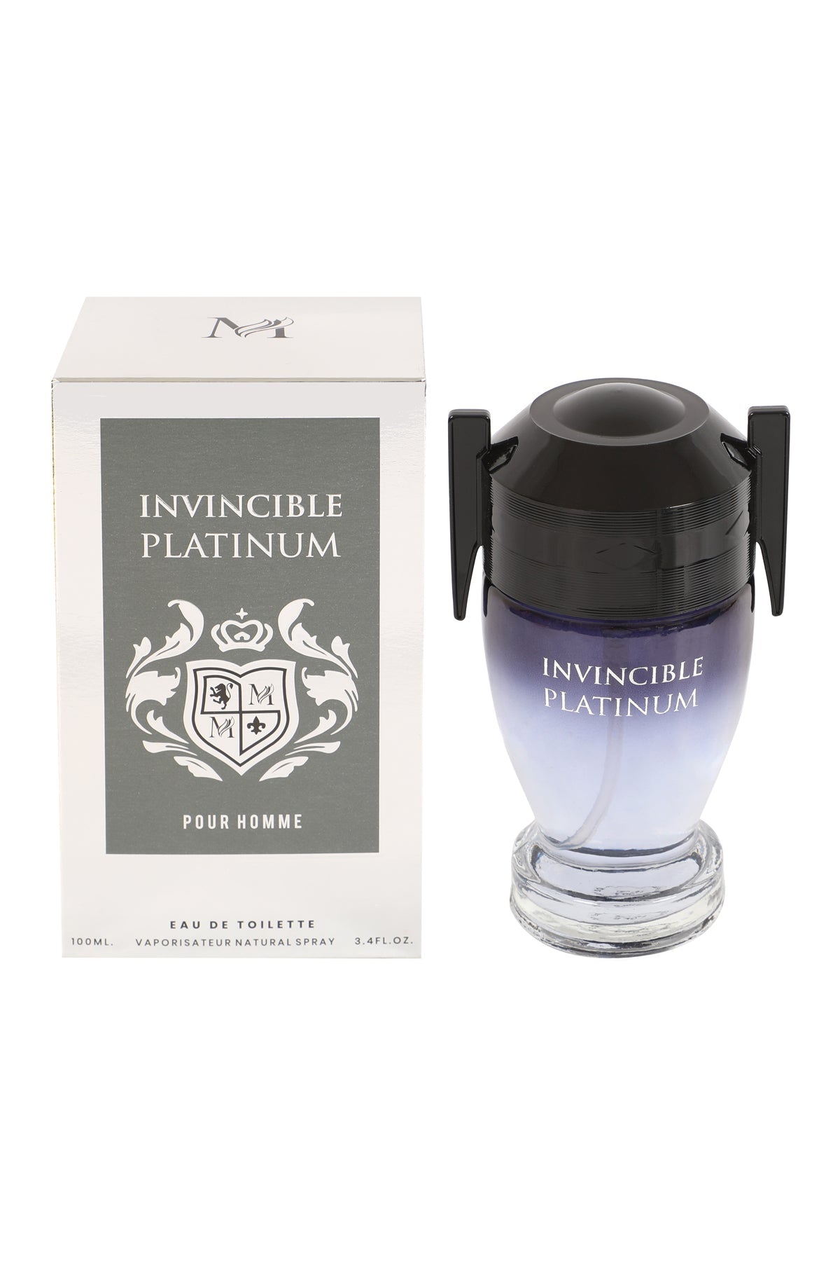 Invincible Platinum Pour Homme by MCH Beauty, 100ml EDT — black and silver bottle beside its gift box