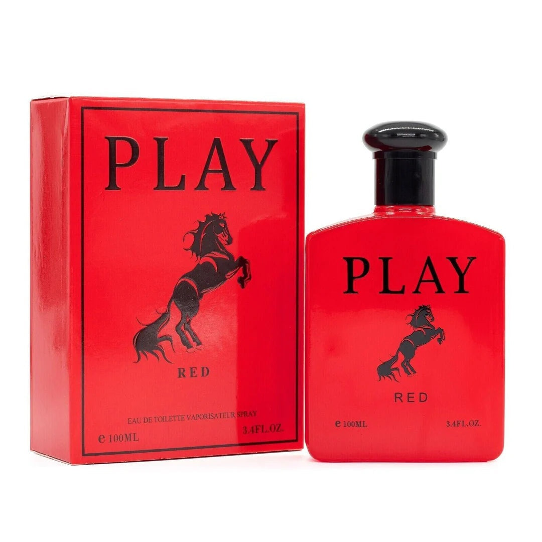 Play Red by EBC Collection, 100ml EDT — red bottle beside its red gift box
