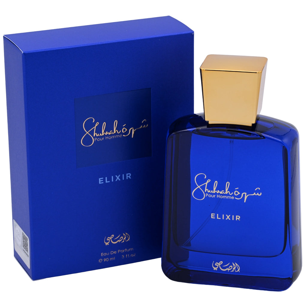 Shuhrah Pour Homme Elixir by Rasasi 90ml EDP bottle and box