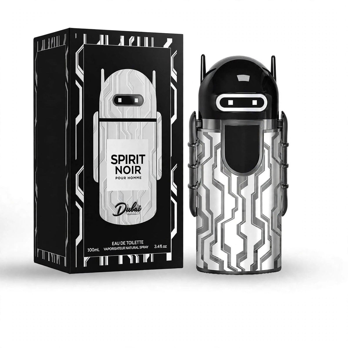 Spirit Noir Pour Homme by Dubai Essences, 100ml EDT — black and silver robot-shaped bottle beside its black box