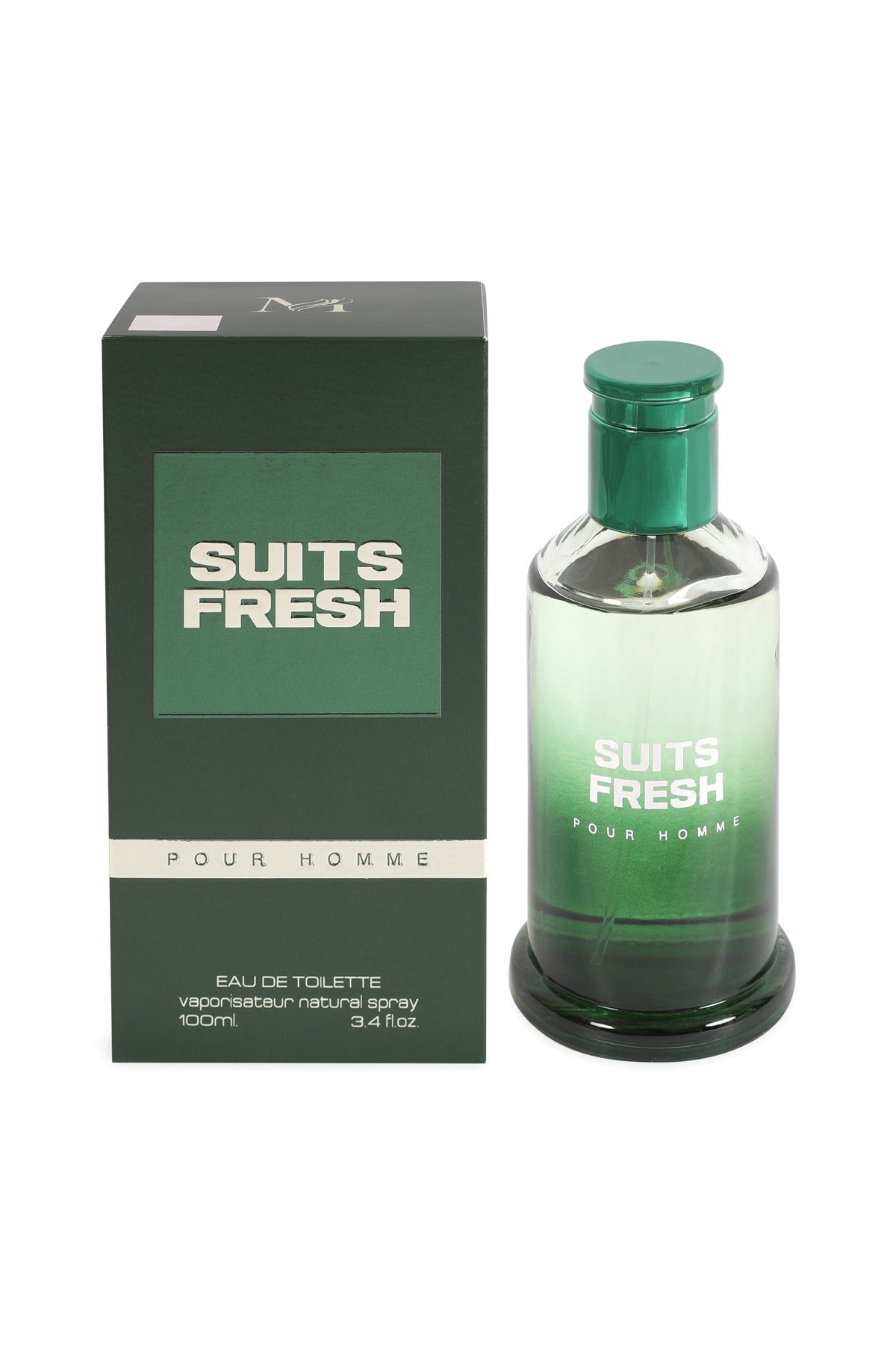 Suits Fresh Pour Homme by MCH Beauty, 100ml EDT — green gradient bottle beside its dark green box