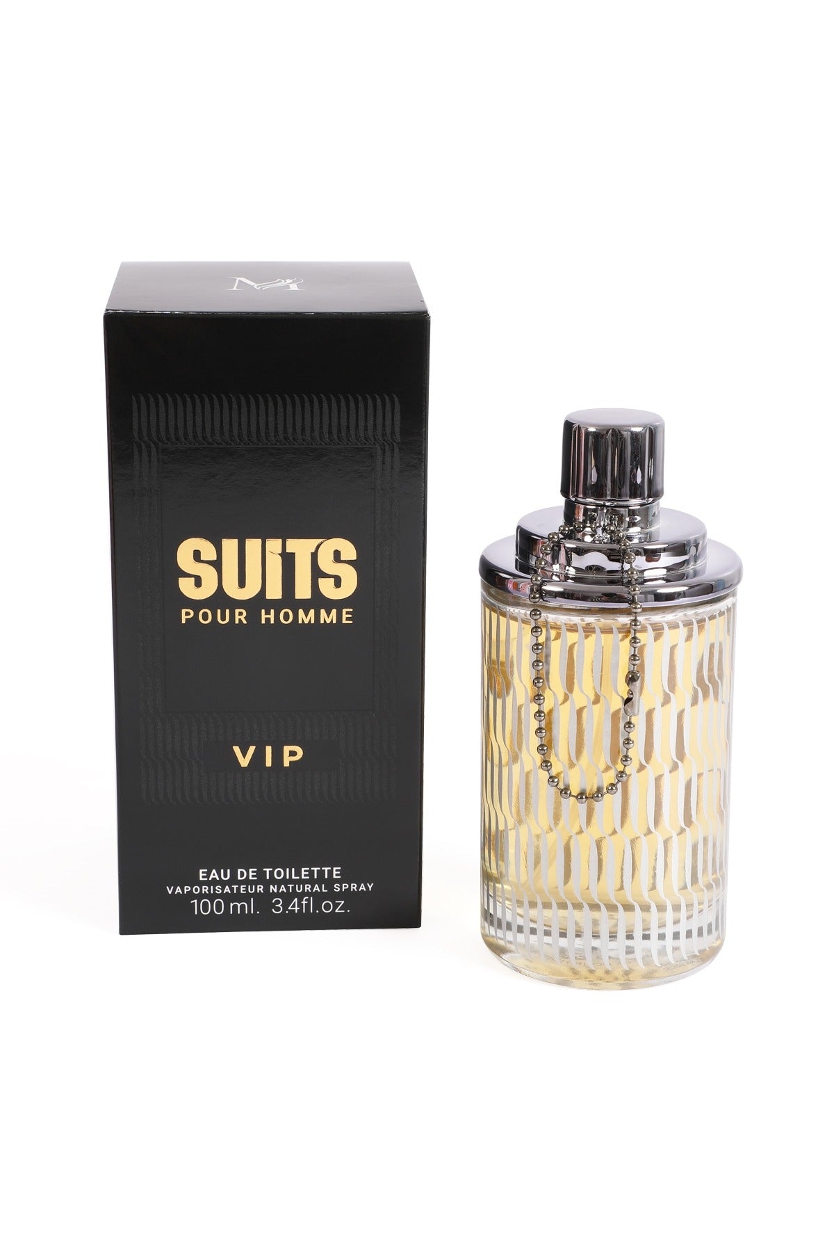 Suits Pour Homme VIP by MCH Beauty, 100ml EDT — black Suits Pour Homme VIP box beside its gold-etched ribbed glass bottle
