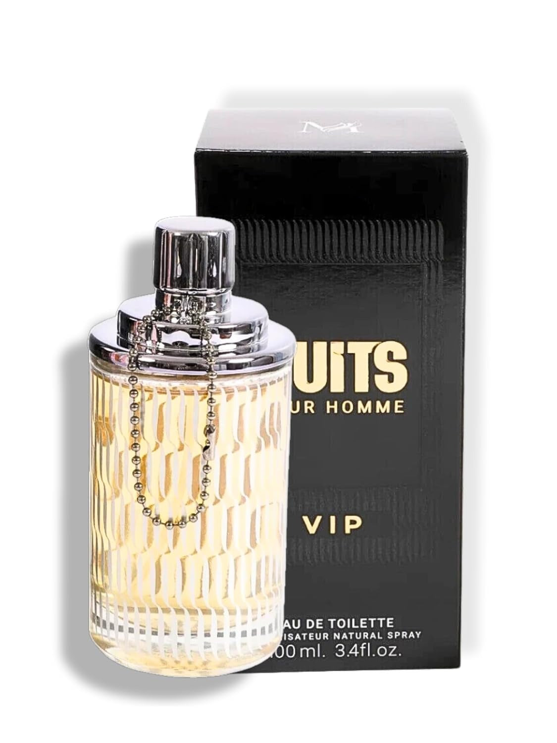 Suits Pour Homme VIP by MCH Beauty, 100ml EDT — gold-etched bottle with silver cap in front of its black VIP box