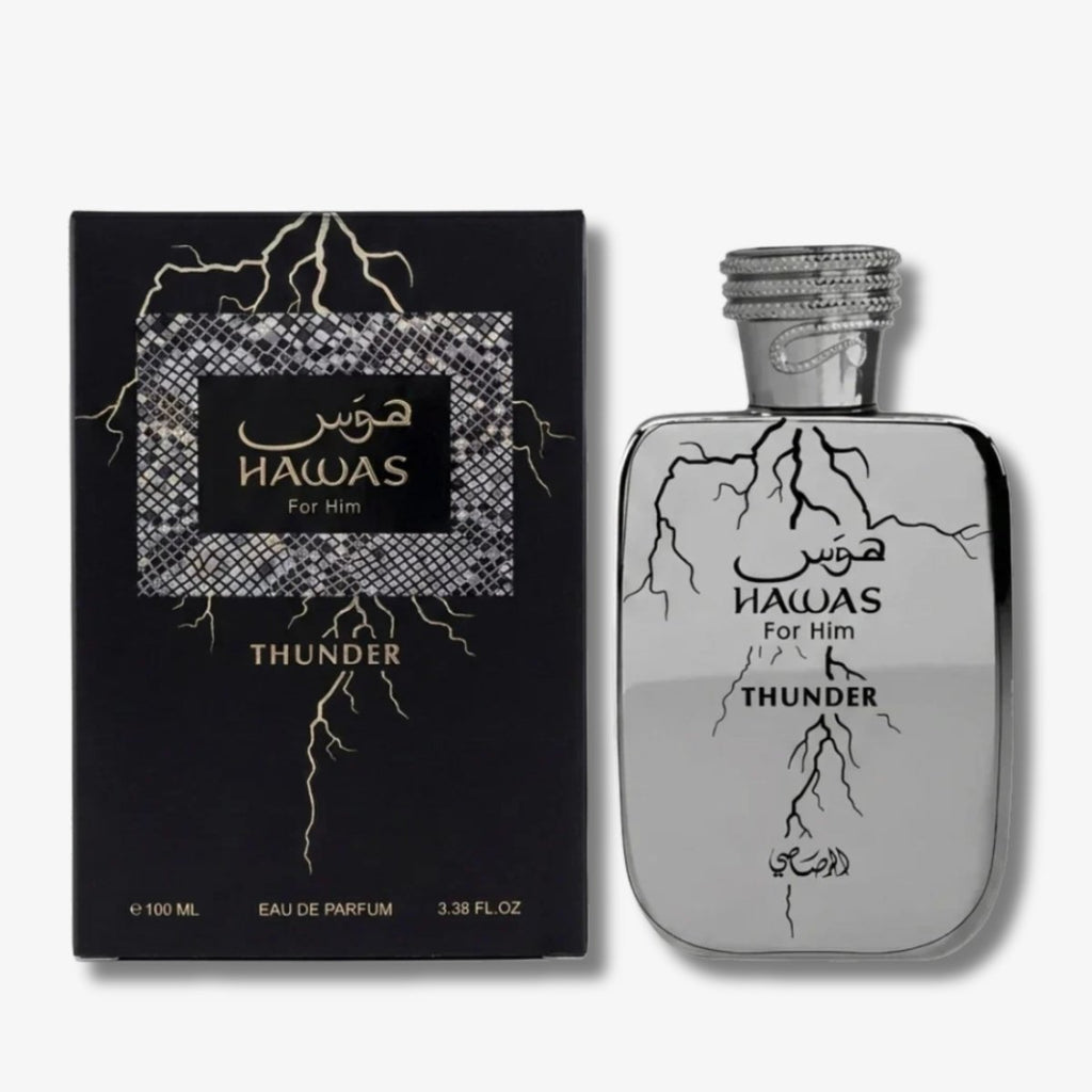 Hawas For Him Thunder by Rasasi, 100ml EDP — bottle beside its black gift box