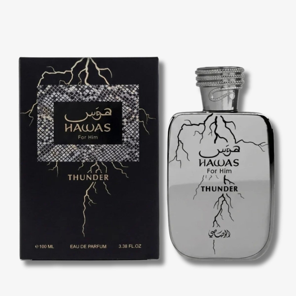 Hawas For Him Thunder by Rasasi, 100ml EDP — bottle beside its black gift box