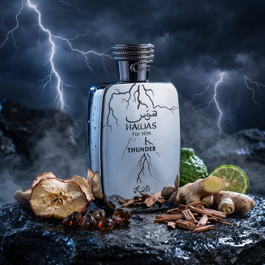 Hawas For Him Thunder by Rasasi, 100ml EDP — bottle on rocks with apple, ginger and citrus under a stormy sky