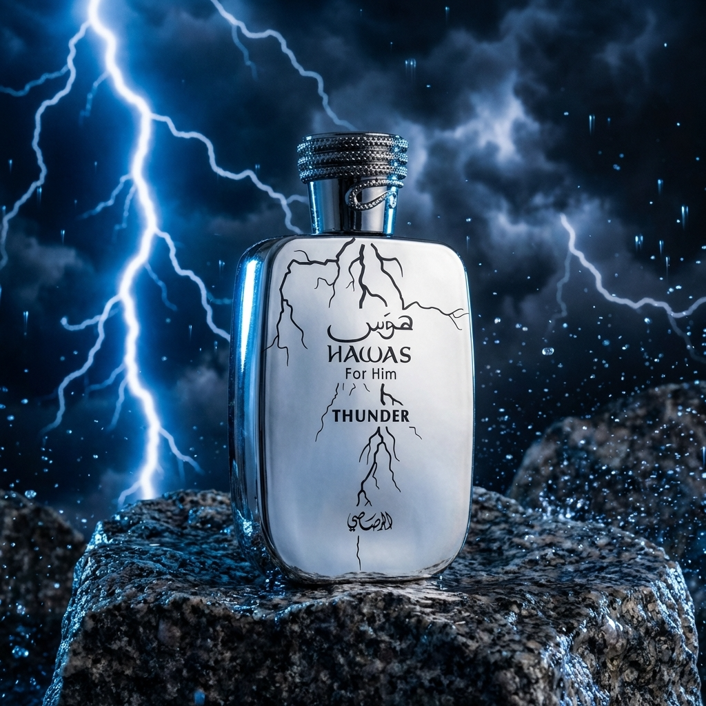 Hawas For Him Thunder by Rasasi, 100ml EDP — bottle on dark stone with lightning in the background